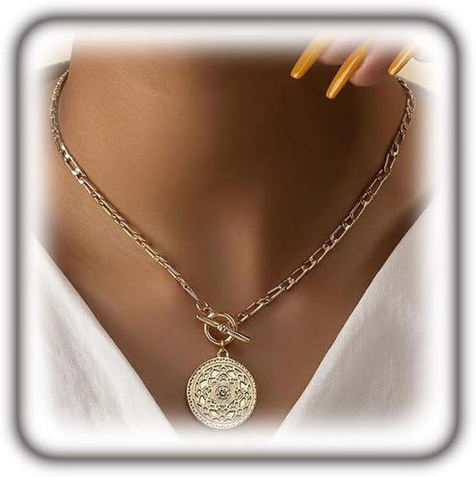Rrdaily Collar con colgante de medallón grande de oro para mujer, e...