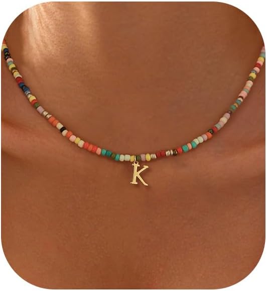 Fwlisesa Collares coloridos con inicial para mujer, chapado en oro...