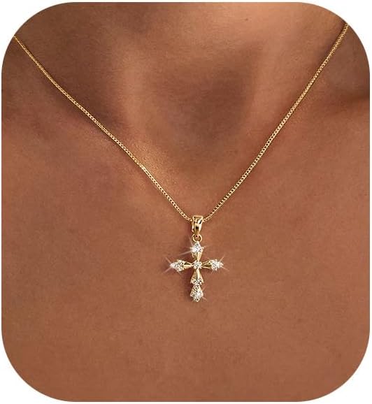Collar de cruz para mujer, collar de doble cruz chapada en oro de 1...