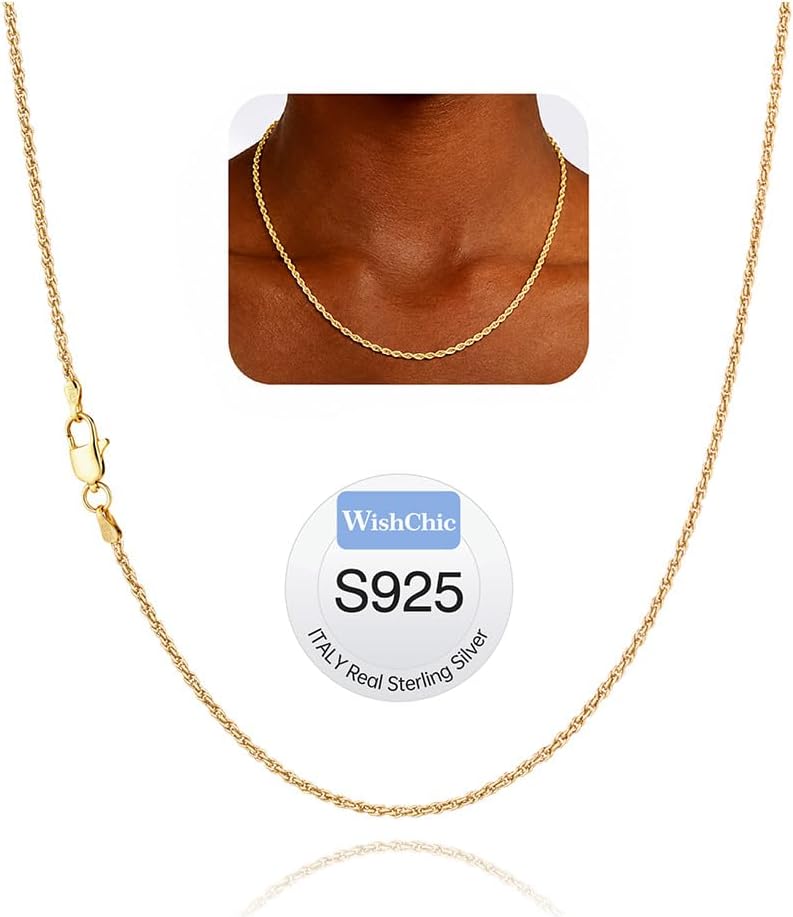 WishChic Cadena de cuerda de 0.079 in de plata de ley 925 para muje...