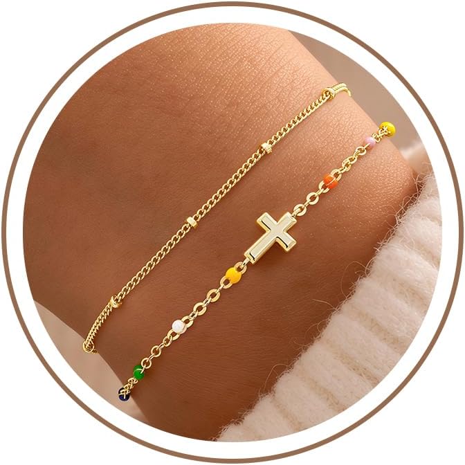 Turandoss Pulsera de cruz para mujer, chapada en oro de 14 quilates...