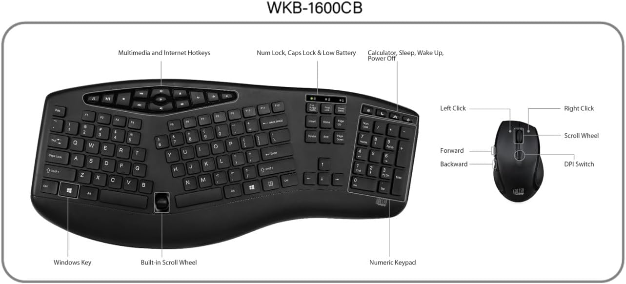 Adesso WKB-1600CB TruForm - Combo de teclado ergonómico inalámbrico...