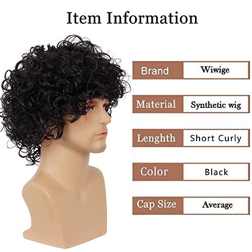 Wiwige Peluca rizada corta para hombre, peluca sintética negra para...