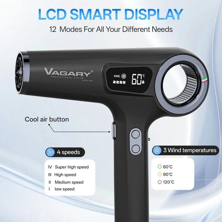 VAGARY Secador de pelo iónico de alta velocidad con difusor, 110000...