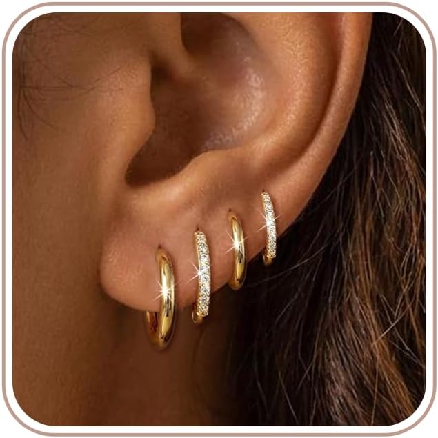 Maxcate Juego de 4 pares de aretes pequeños de aro de oro para muje...