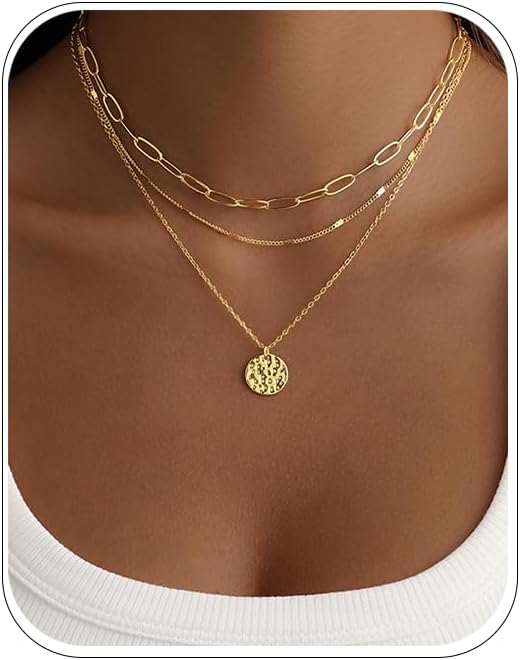 JECOMY Collar de oro en capas para mujer, collar chapado en oro de...