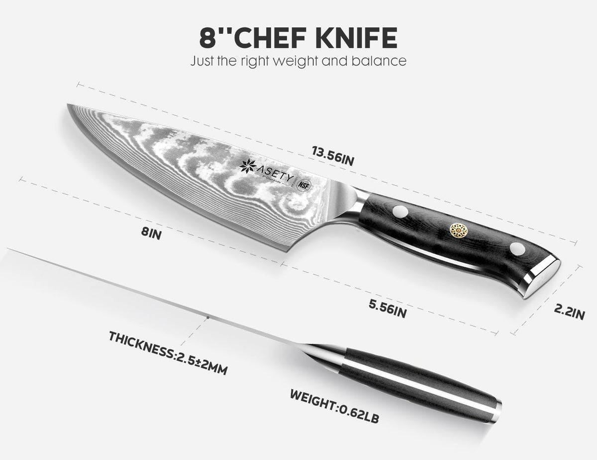 ASETY Cuchillo de chef de Damasco de 8 pulgadas, cuchillo japonés c...
