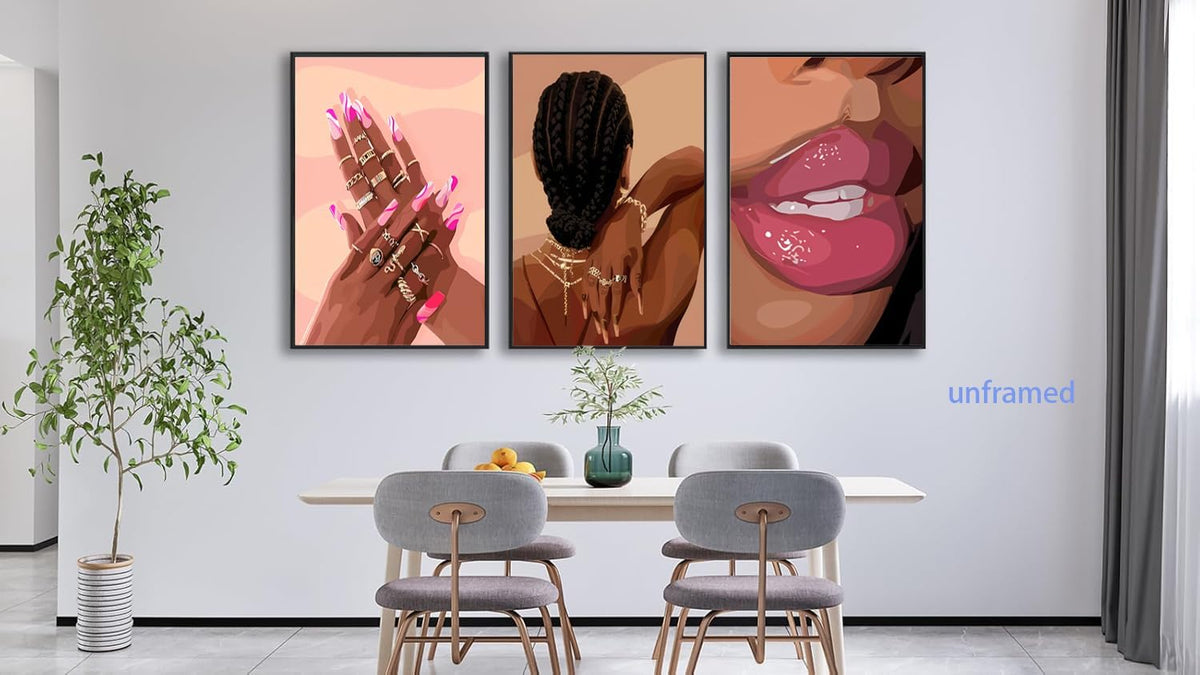 Juego de 3 pósters de pared de niña negra en tonos rosa, arte de pa...