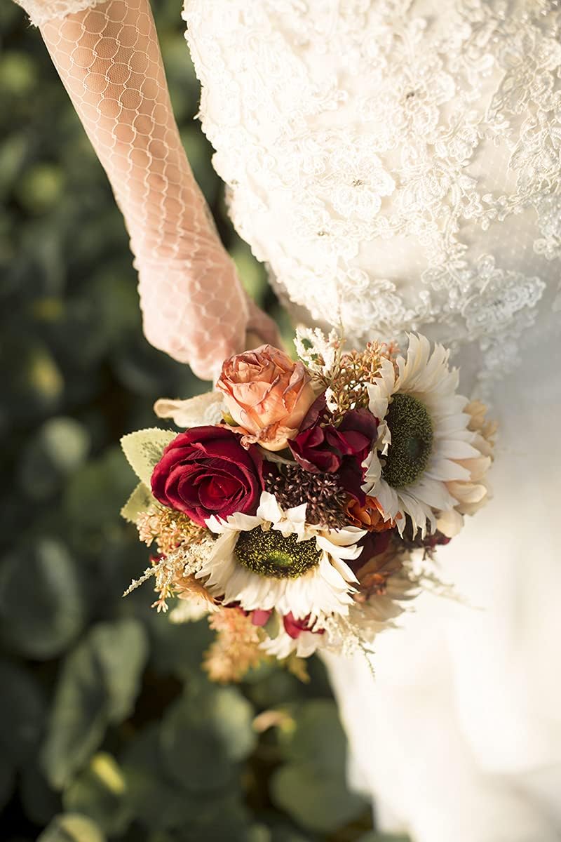 Ansofi Ramos de boda de girasol vintage de 9 pulgadas para novia Bo...