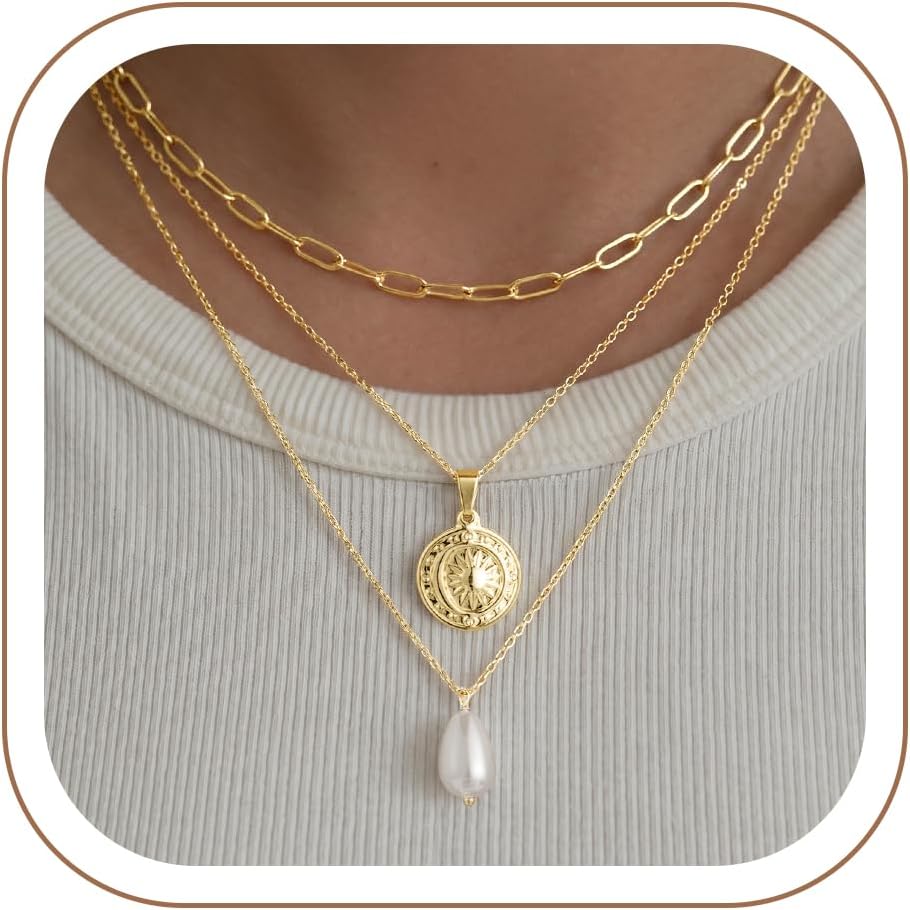 Turandoss Collares en capas para mujer, chapados en oro de 14 quila...