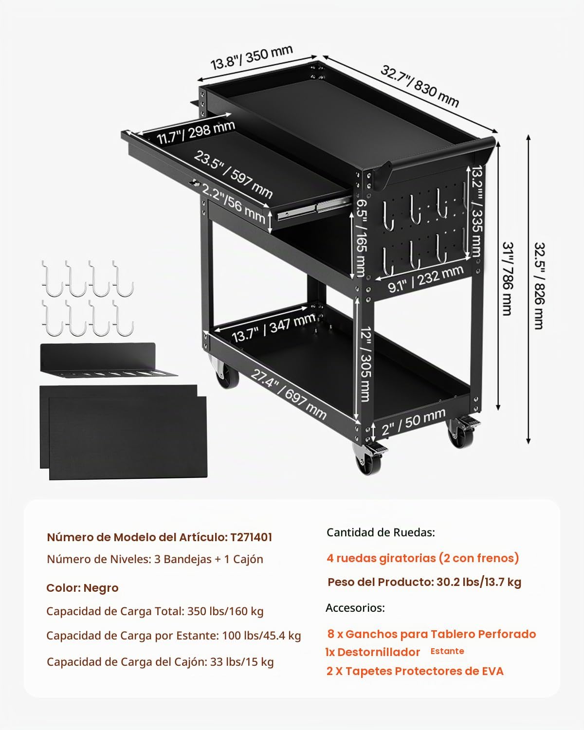 VEVOR Carro de herramientas de 4 niveles con ruedas, capacidad de c...