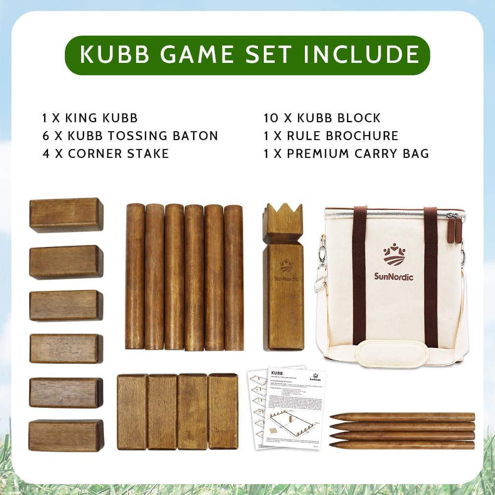 SunNordic Juego de jardín Kubb de madera de caucho con bolsa de tra...