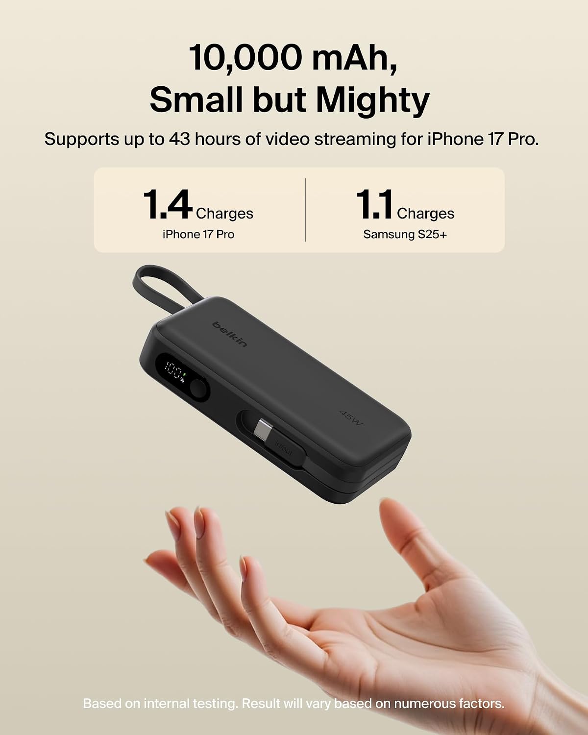 Belkin 10000mAh 45W Cargador portátil Power Bank, cable USB C integ...