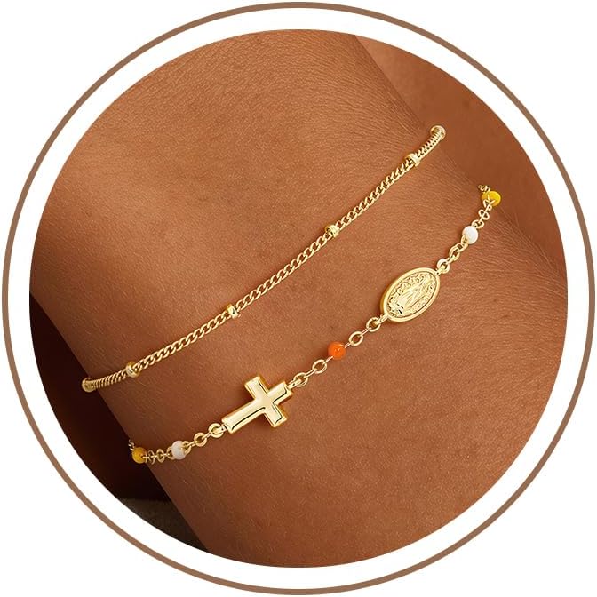 Turandoss Pulsera de cruz para mujer, chapada en oro de 14 quilates...