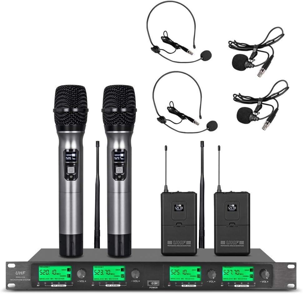 WENWEN Sistema de micrófono inalámbrico UHF 4 canales 2 micrófono d...