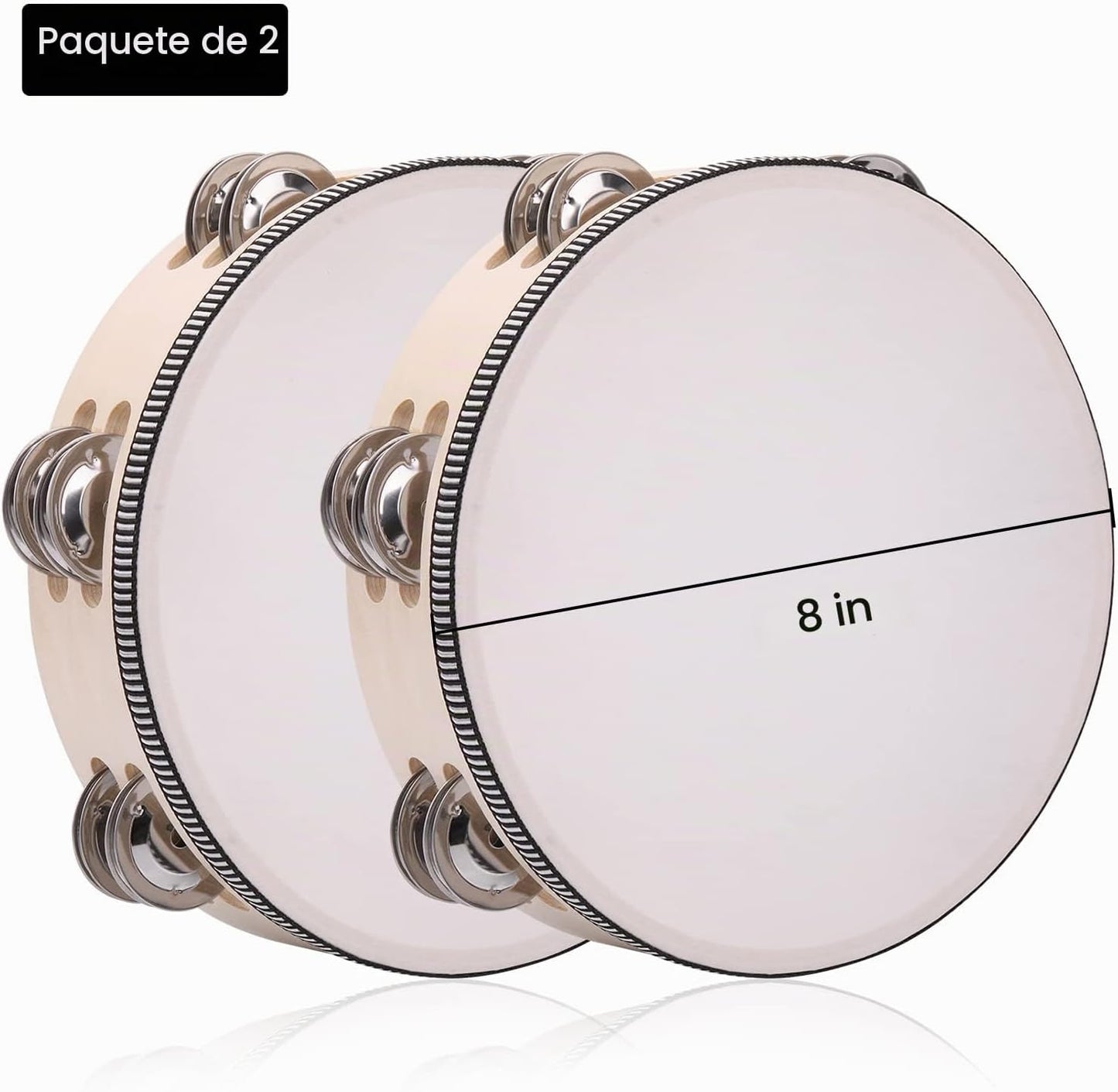 Paquete de 2 panderetas de doble fila de 8 pulgadas para adultos, p...