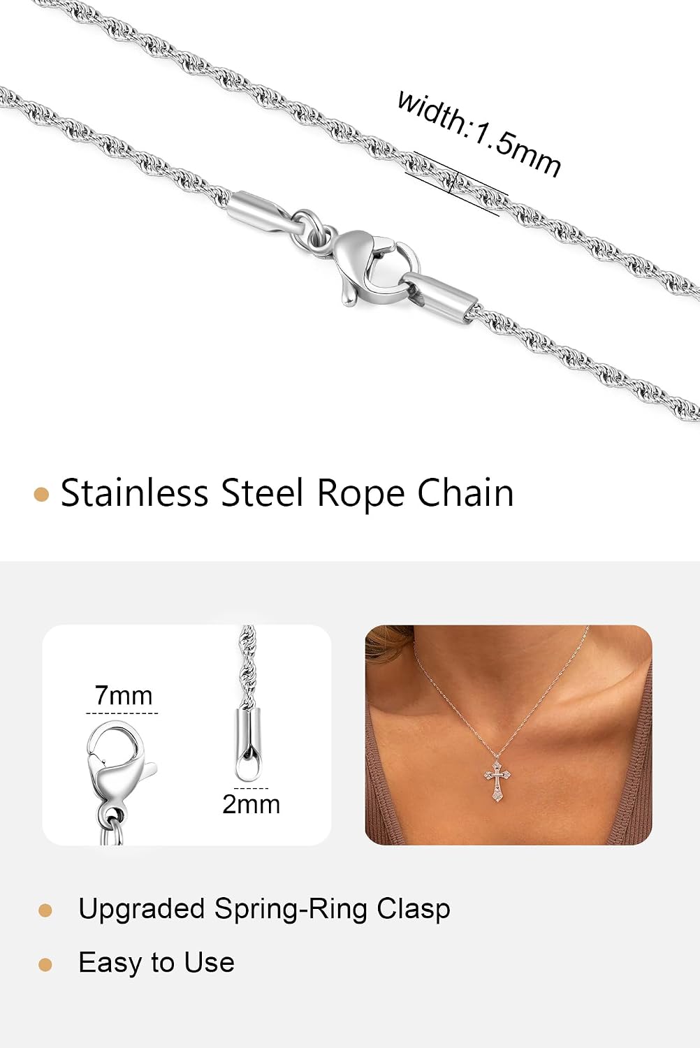 Monily Cadena de cuerda de plata para mujer 1,3 mm 1,5 mm 2 mm Coll...