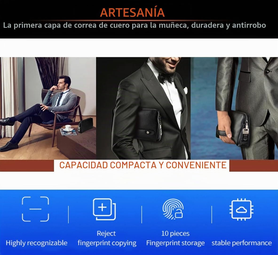 Welaso Bolso de mano de cuero con bloqueo de huellas dactilares, an...