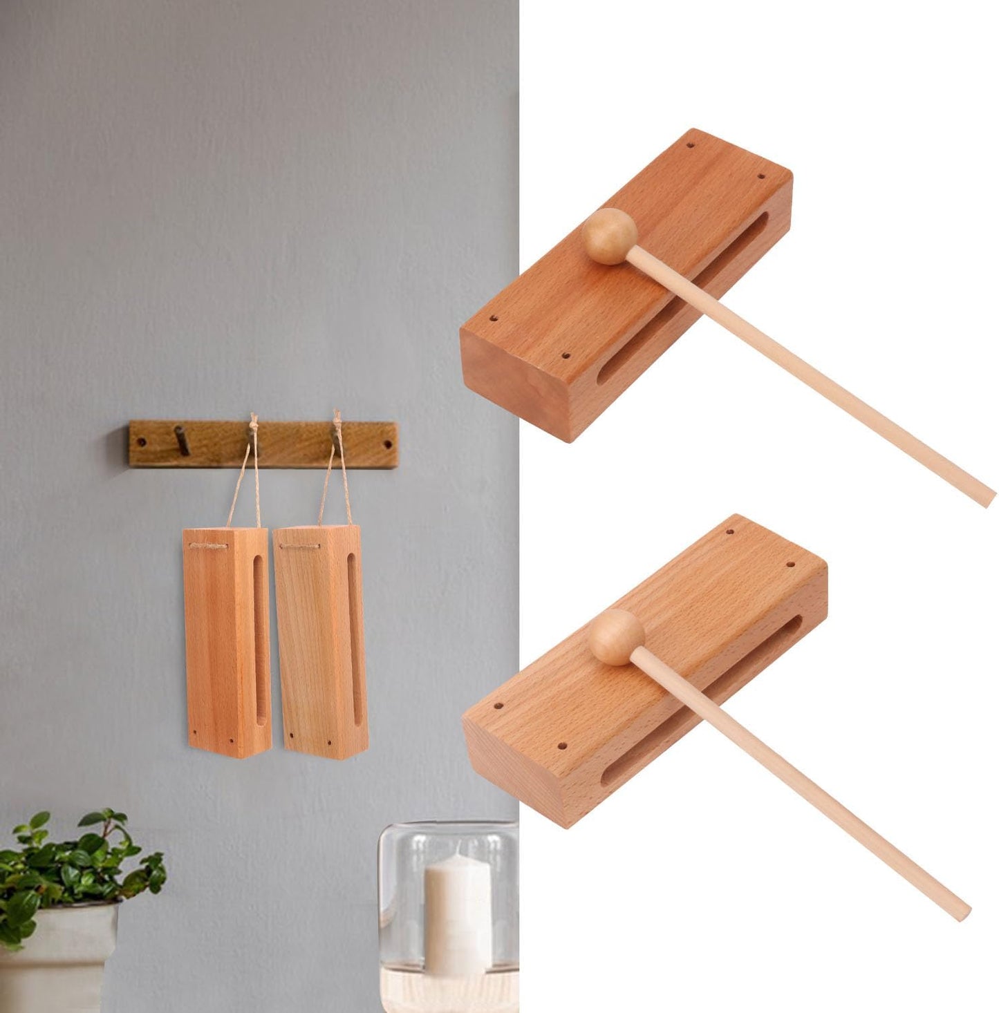 kukmakri Juego de 2 bloques de ritmo de madera maciza con mazo, ins...