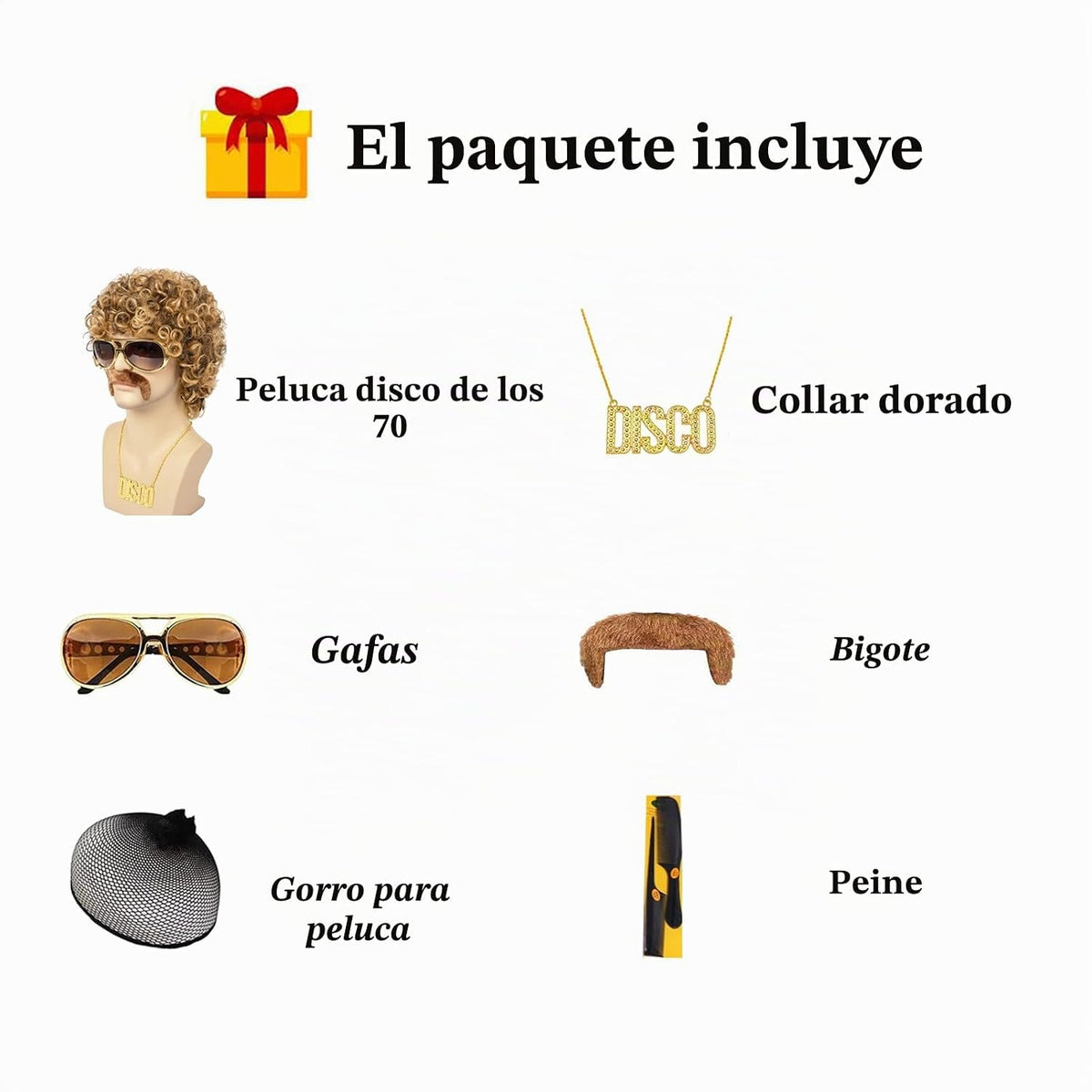TUOFLY Juego de 5 piezas de peluca de discoteca (peluca, anteojos,...