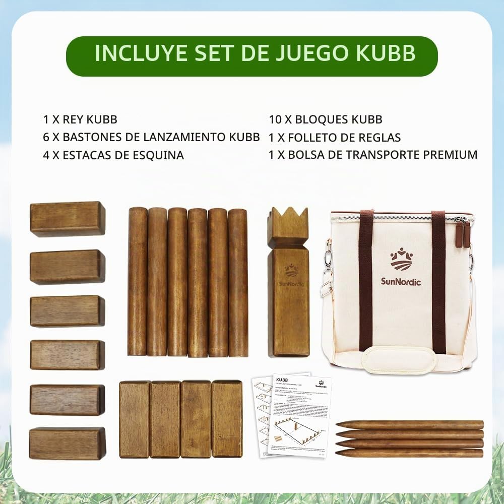 SunNordic Juego de jardín Kubb de madera de caucho con bolsa de tra...