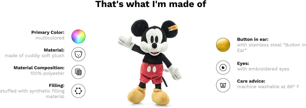 Steiff Disney Originals Mickey Mouse, juguete de peluche premium he...