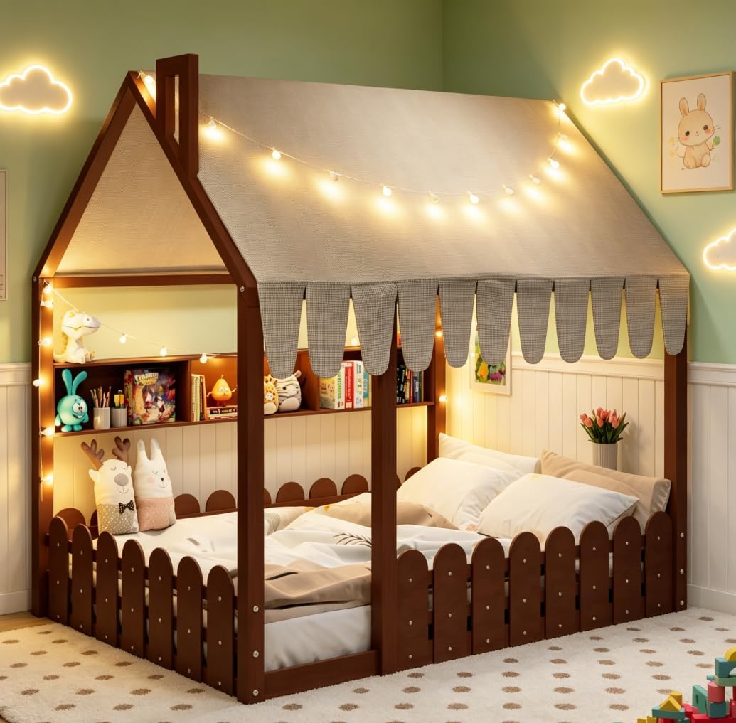 Bellemave Cama de piso de casa completa con riel para niños, camas...
