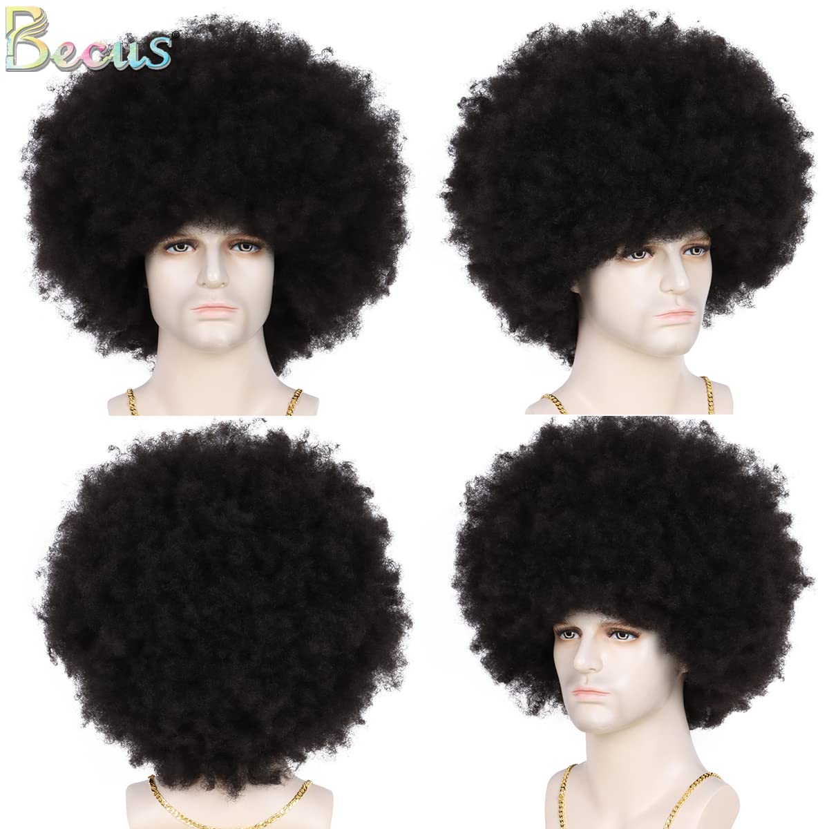 BECUS - Peluca afro para hombre, esponjosa, grande, rizada, color n...