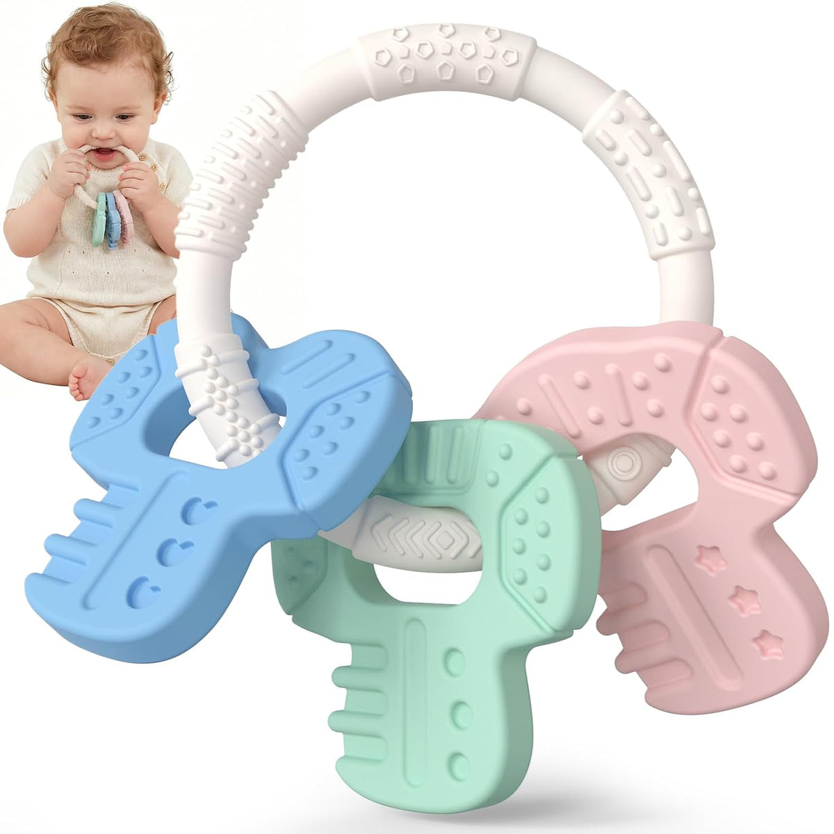 Juguetes de dentición para bebés, llaves de silicona para bebés de...