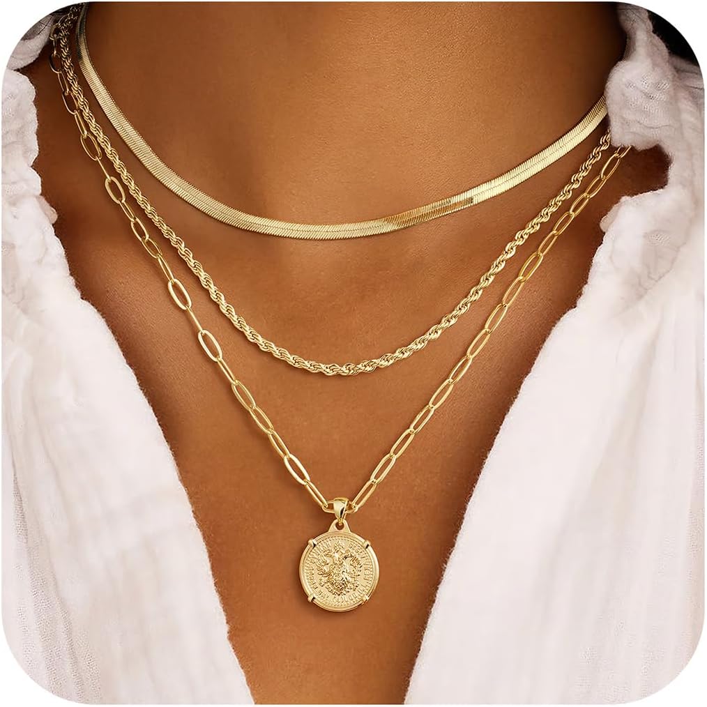 M MOOHAM Collares de oro en capas para mujer, chapado en oro de 14...