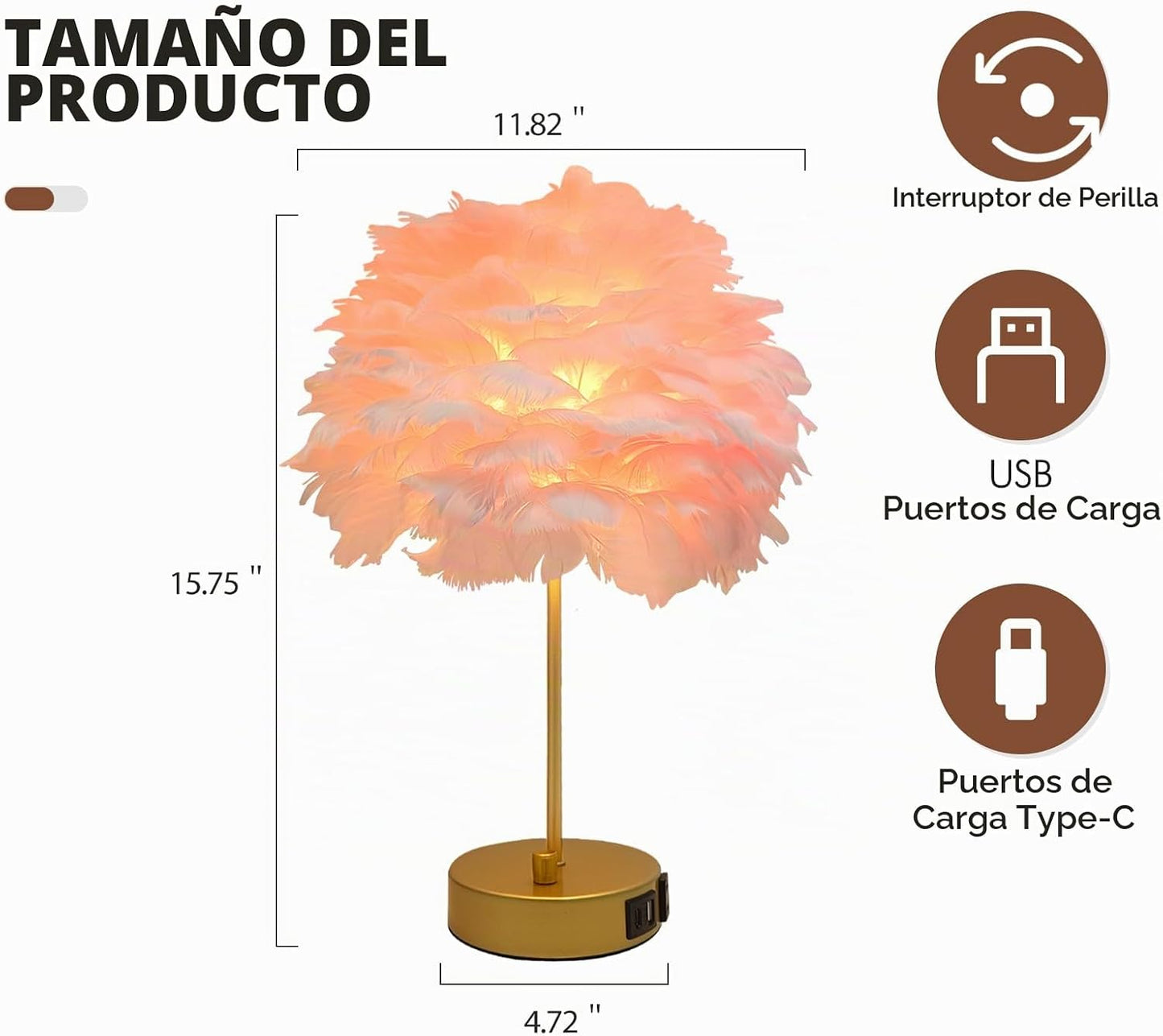 ZYLEIESENBAO Lámpara de mesa con cargador USB de plumas rosas, lámp...