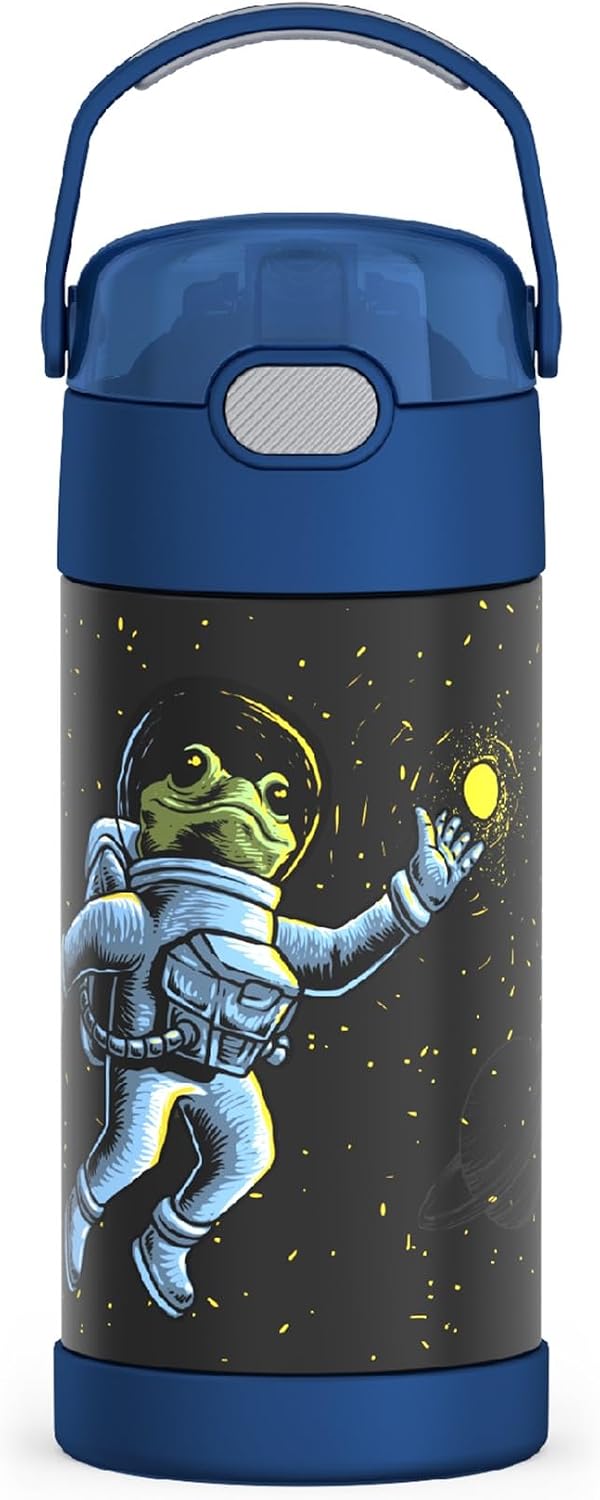 THERMOS FUNTAINER Botella de agua con pajita, 12 onzas, rana espaci...