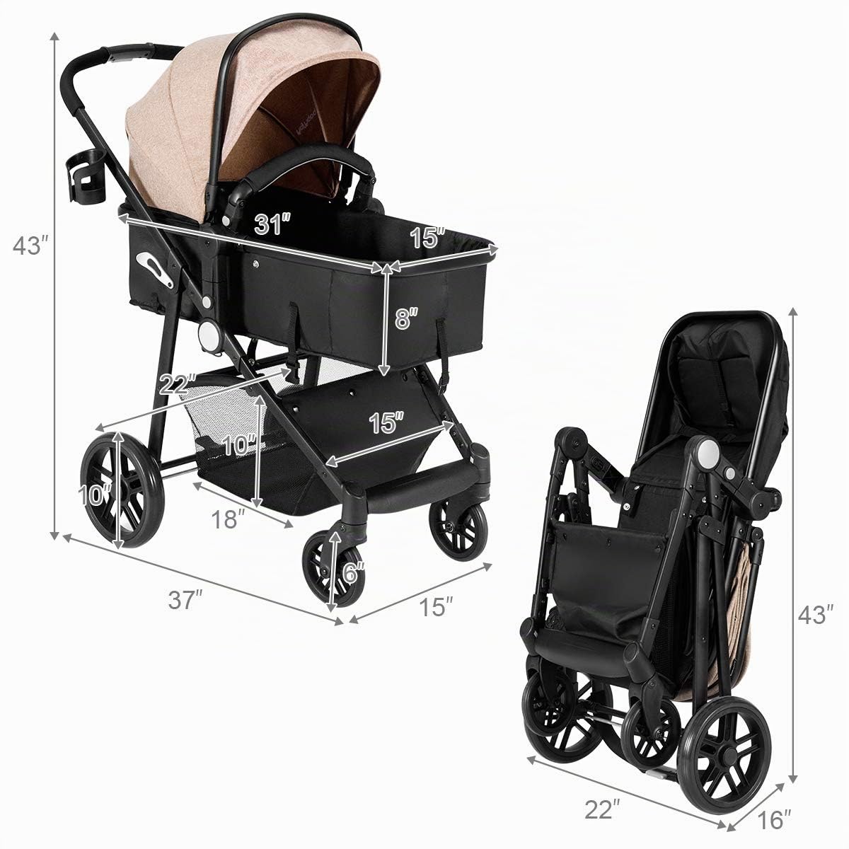 BABY JOY Cochecito de bebé, cuna convertible 2 en 1 a cochecito, si...