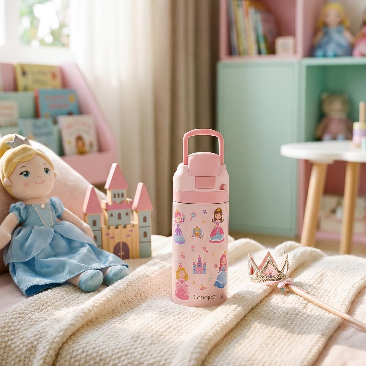 Princess Kids - Botella de agua aislada de acero inoxidable de 16 o...