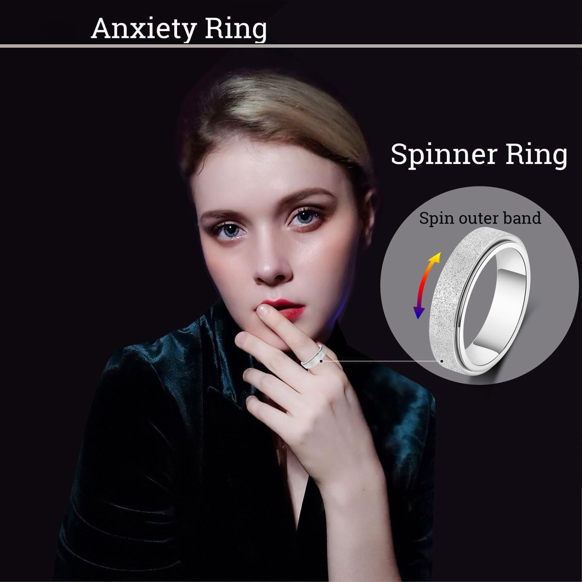 OreilleStar Anillo de ansiedad para mujer, anillo giratorio para an...
