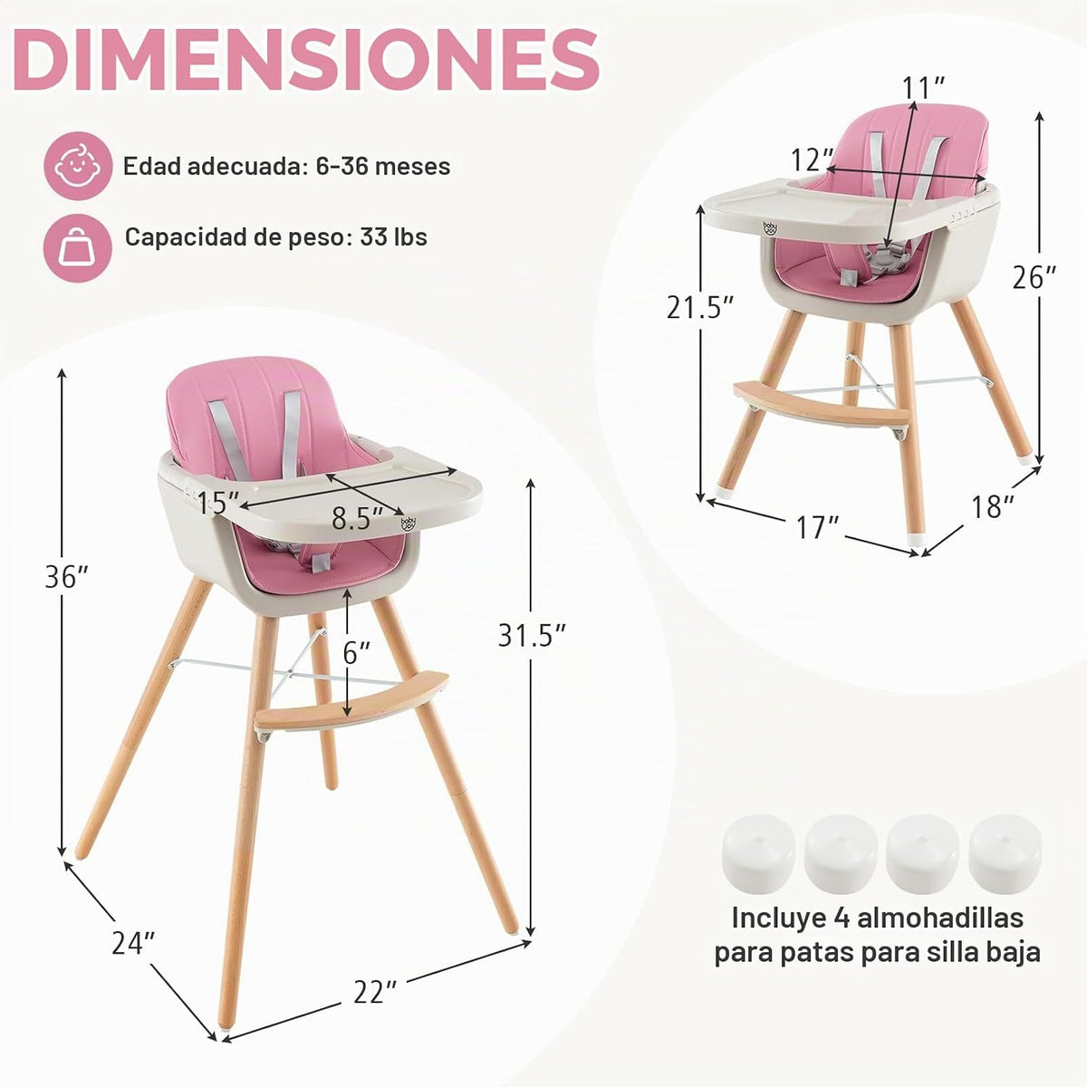 BABY JOY Trona convertible de bebé, 3 en 1, silla alta de madera\/a...