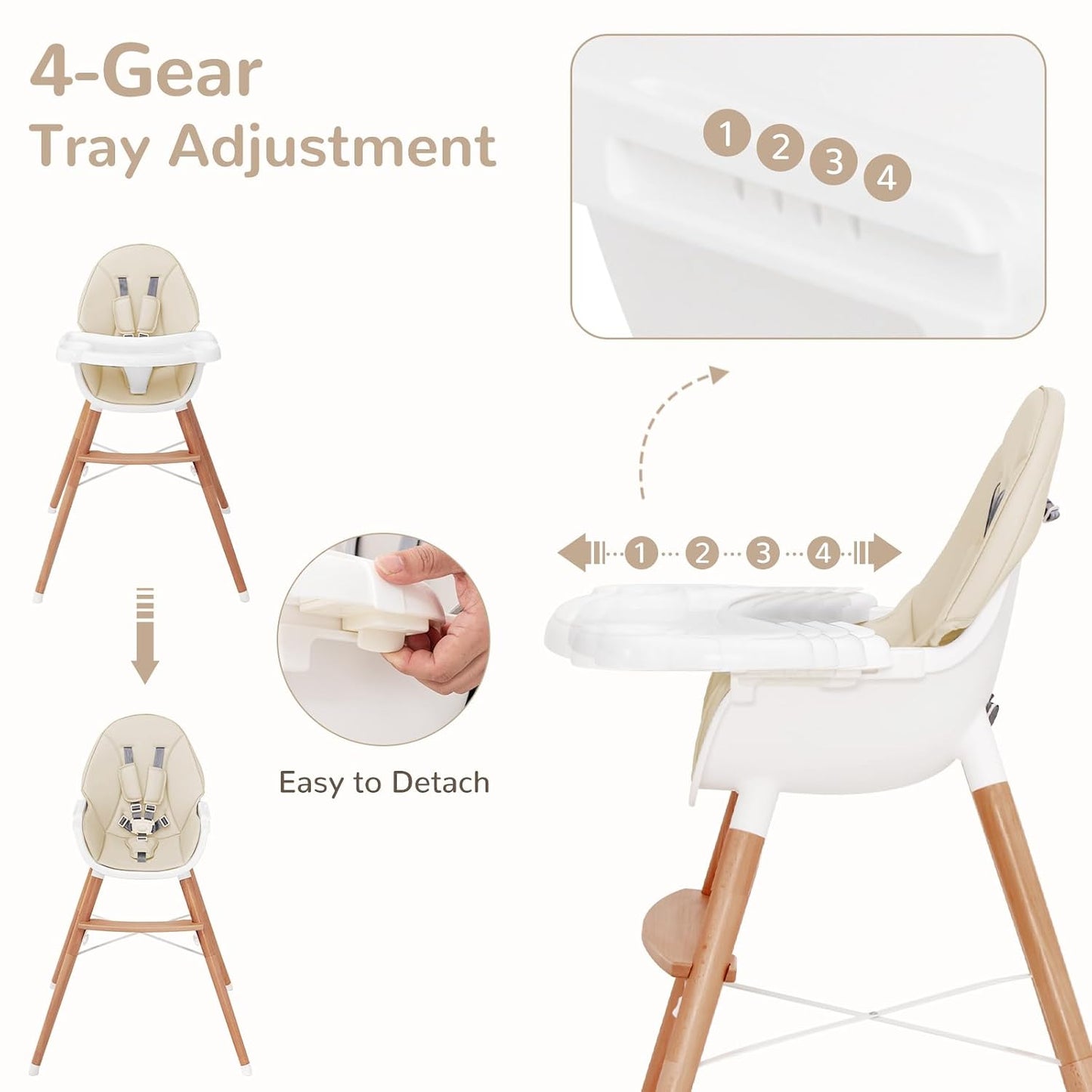 HONEY JOY Silla alta para bebé, trona de madera de haya Eat &amp; G...