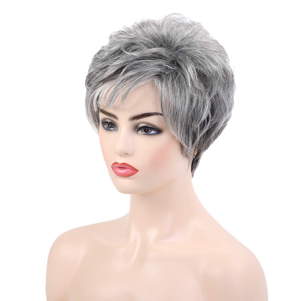 EMMOR Pelucas cortas de cabello humano gris para mujer, mezcla de c...