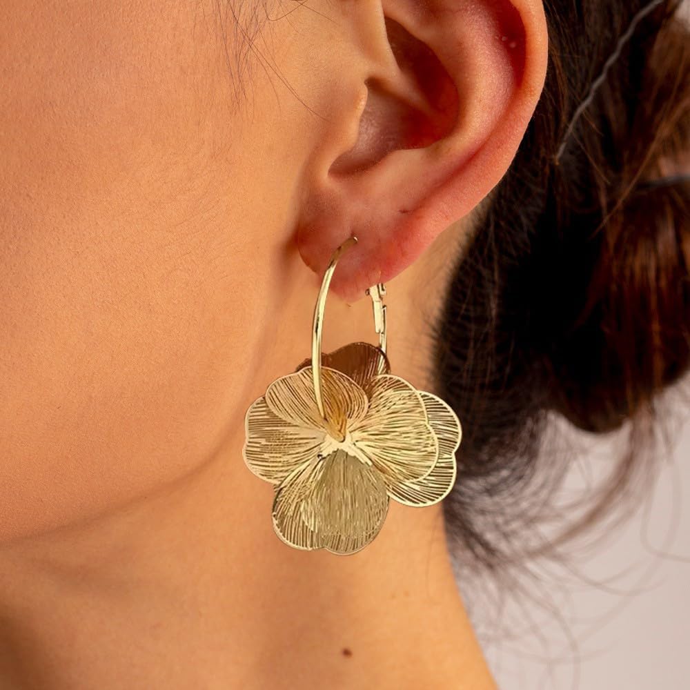 Aretes colgantes de flores para mujer, aretes de aro de moda con di...