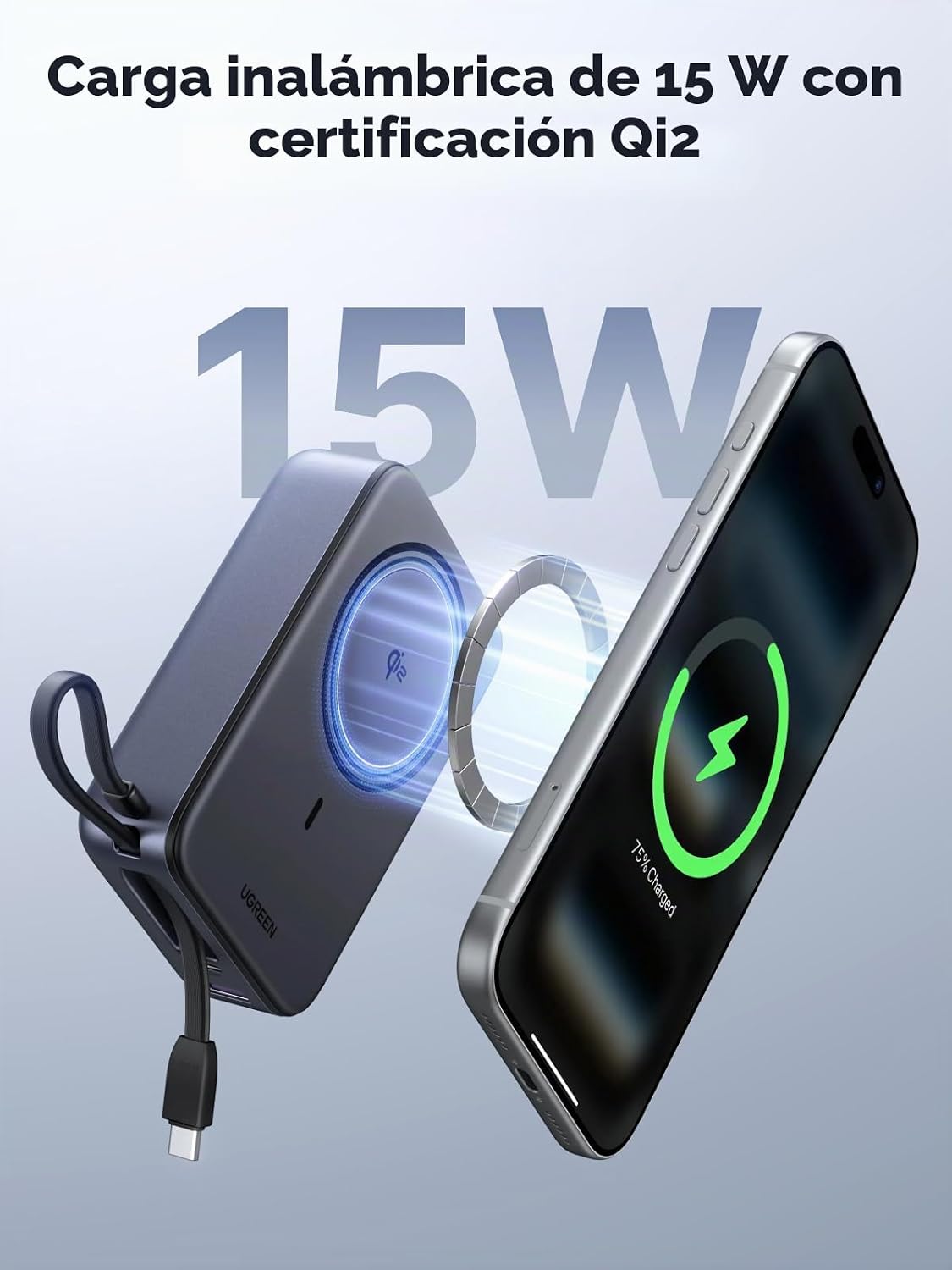 UGREEN 20000mAh Qi2 15W Banco de energía, cable incorporado PD 30W...