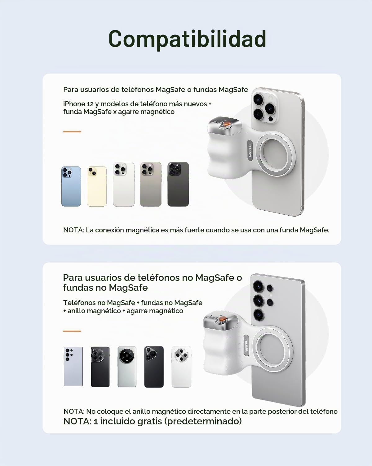 TELESIN Fun Shot - Agarre magnético para cámara de teléfono + trípo...