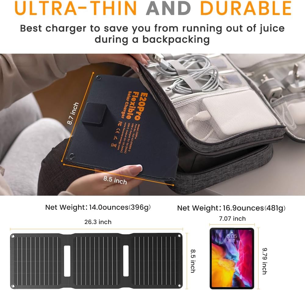 FlexSolar 20W Panel Solar Cargador 5V USB-A USB-C Salida Portátil P...