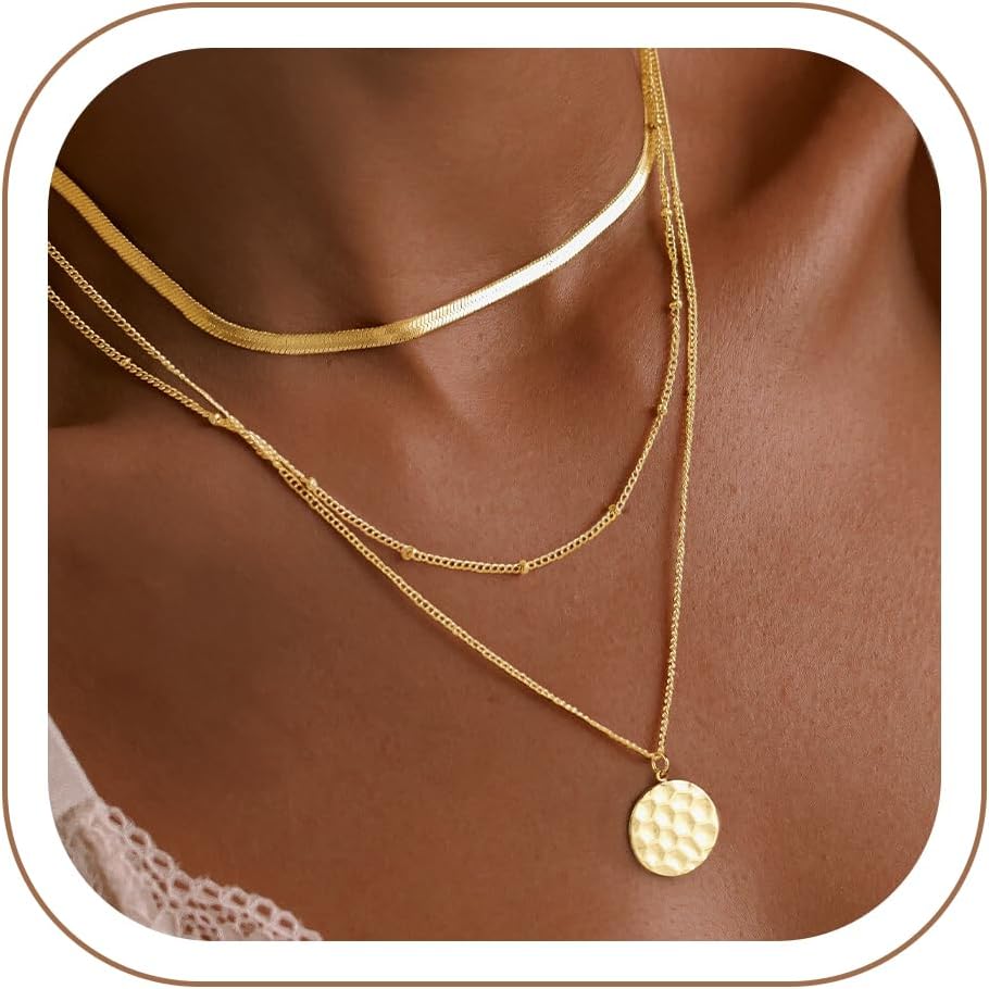 Turandoss Collares en capas para mujer, chapados en oro de 14 quila...