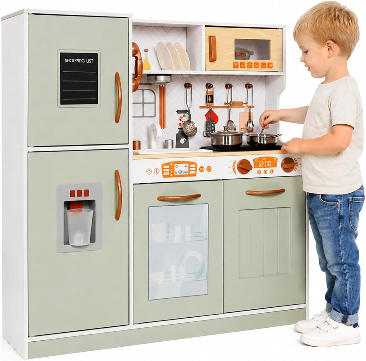 Juego de juguetes de cocina de madera con luz, juego de cocina de j...