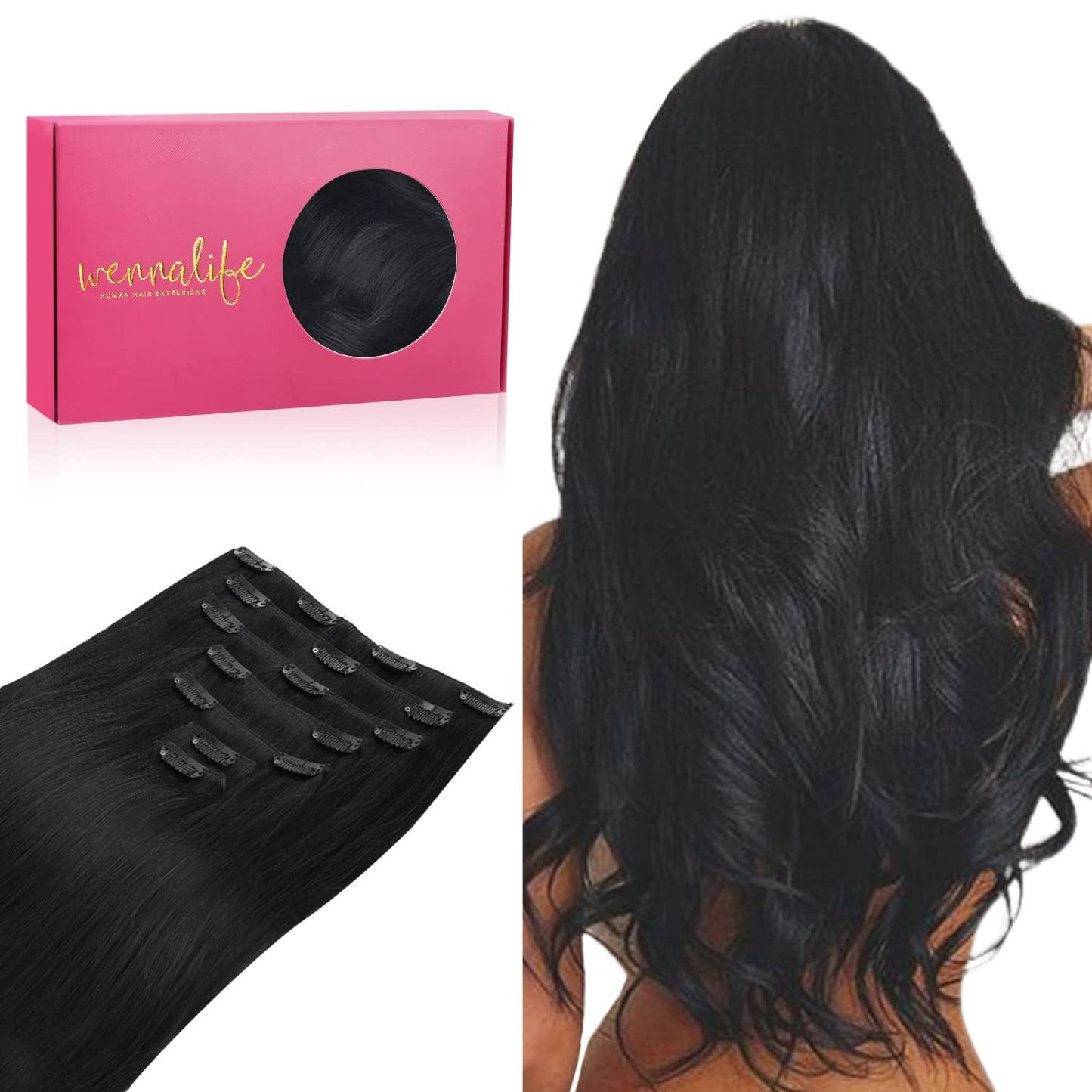 WENNALIFE Extensiones de cabello humano real con clip, de 18 pulgad...
