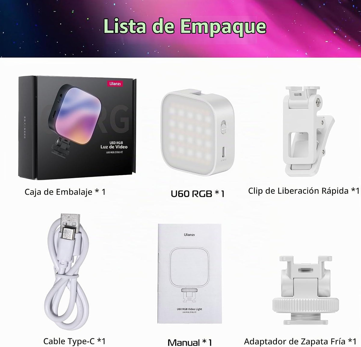 ULANZI Luces de video RGB U60 Luz de cámara LED blanca 360° Ilumina...