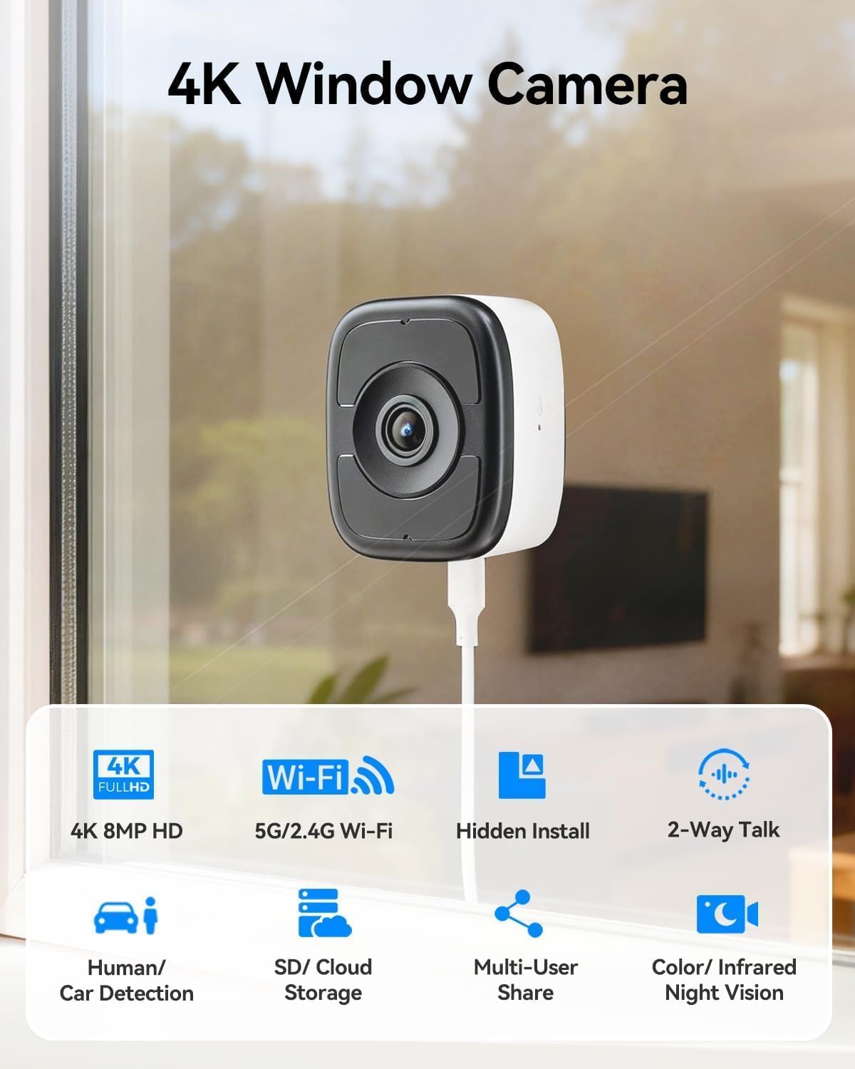 LongPlus Cámara de ventana 4K 8MP 2Pack, cámara de seguridad para v...