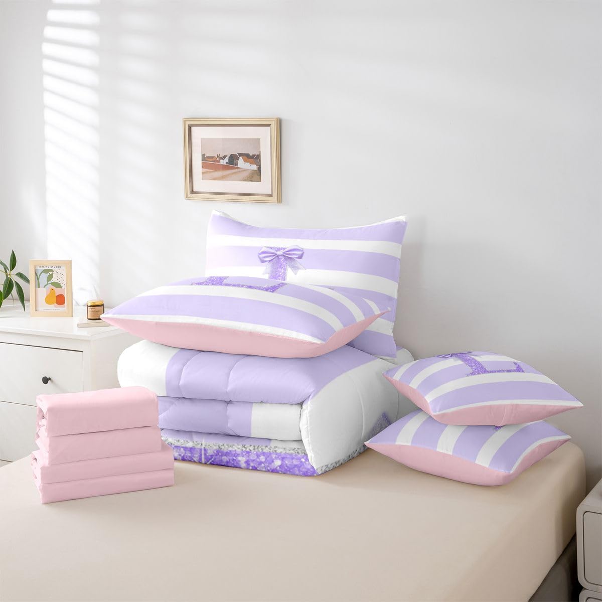 Erosebridal Juego de edredón de 7 piezas con diseño de letra L con...