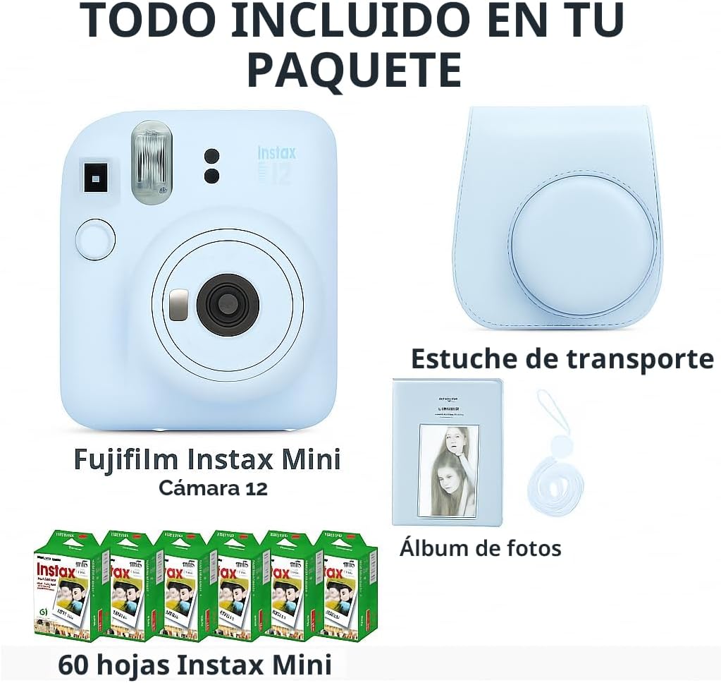 Fujifilm Instax Mini 12 cámara instantánea azul pastel y 60 hojas d...