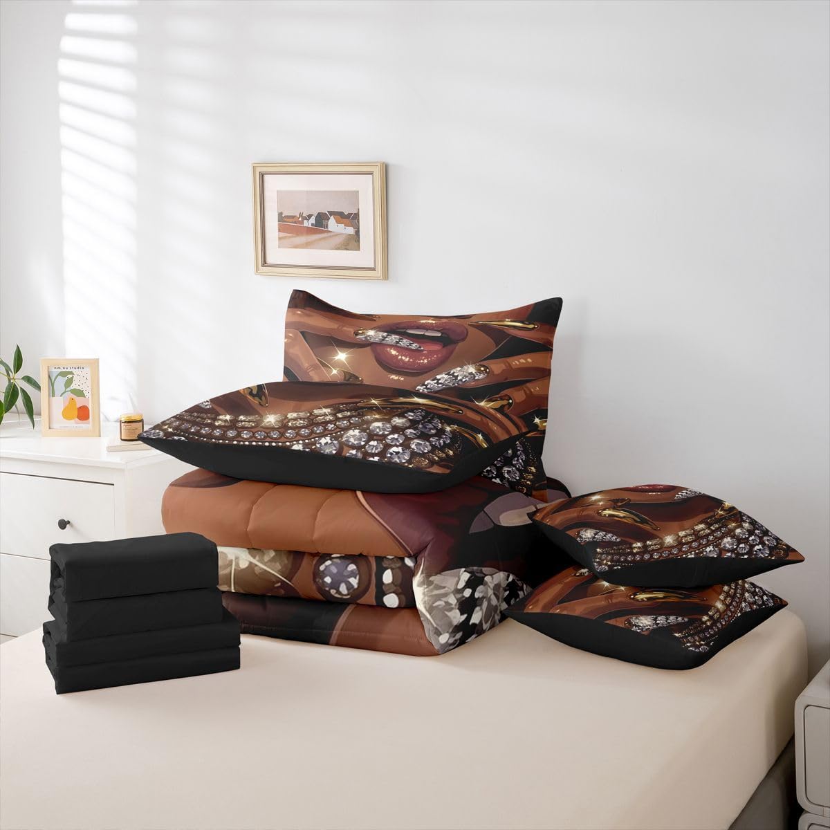 Erosebridal Juego de edredón de 7 piezas para mujer negra, cama Que...